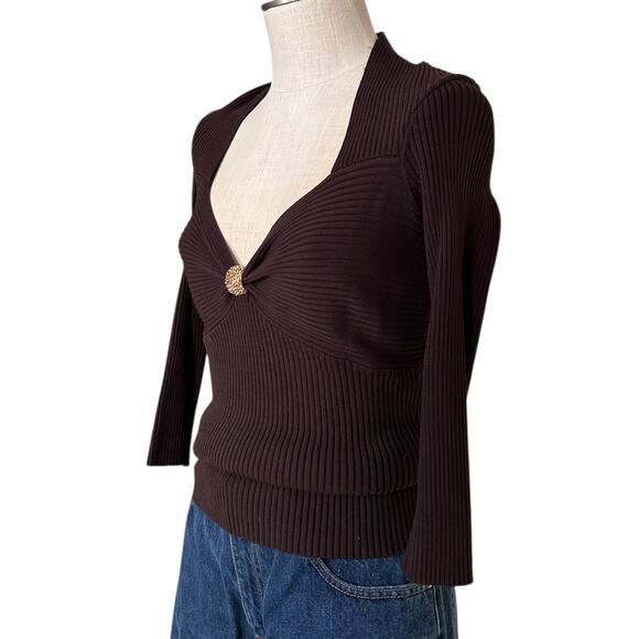 Cache Brown Gold Ribbed Tube Top Shirt Womens Sz Large Y2K V Neck 3/4 Sleeve - Picture 16 of 16